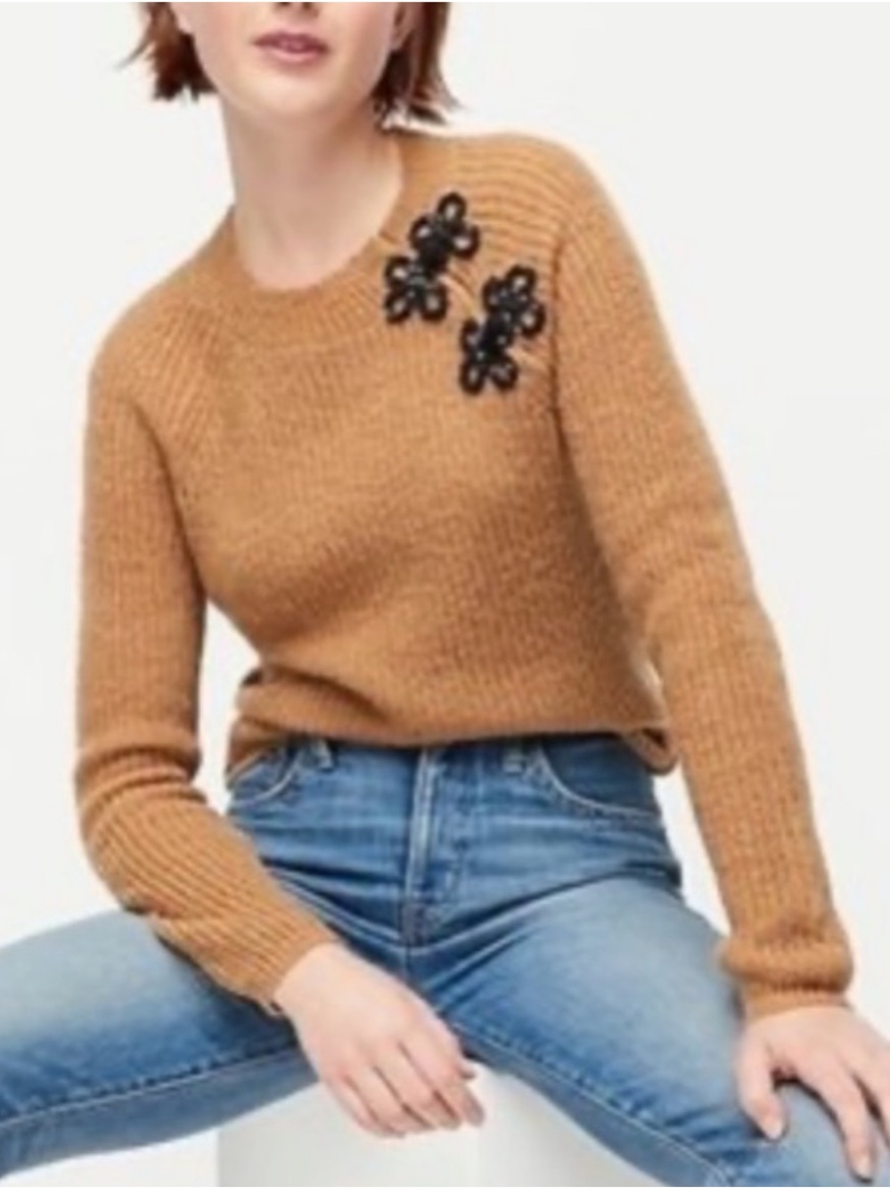 J. Crew Camel Crewneck Sweater with Black Floral Appliqués